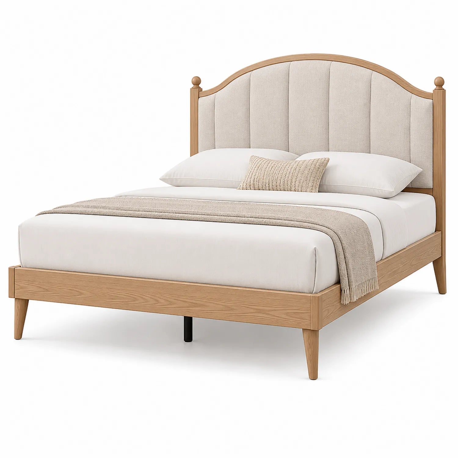 Cama de madera maciza con cabecero tapizado en beige