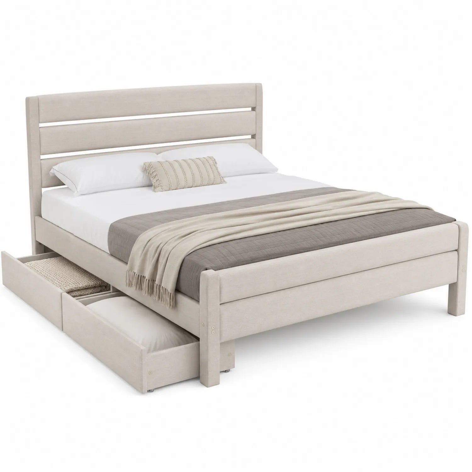 Cama tapizada con cajones de almacenamiento beige 200x160 cm