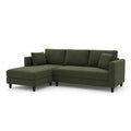 Sofá chaise longue en tela verde con patas de madera