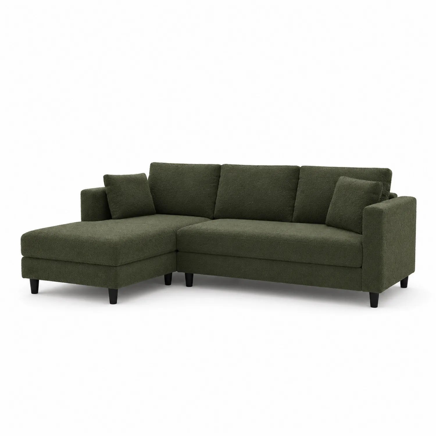 Sofá chaise longue en tela verde con patas de madera