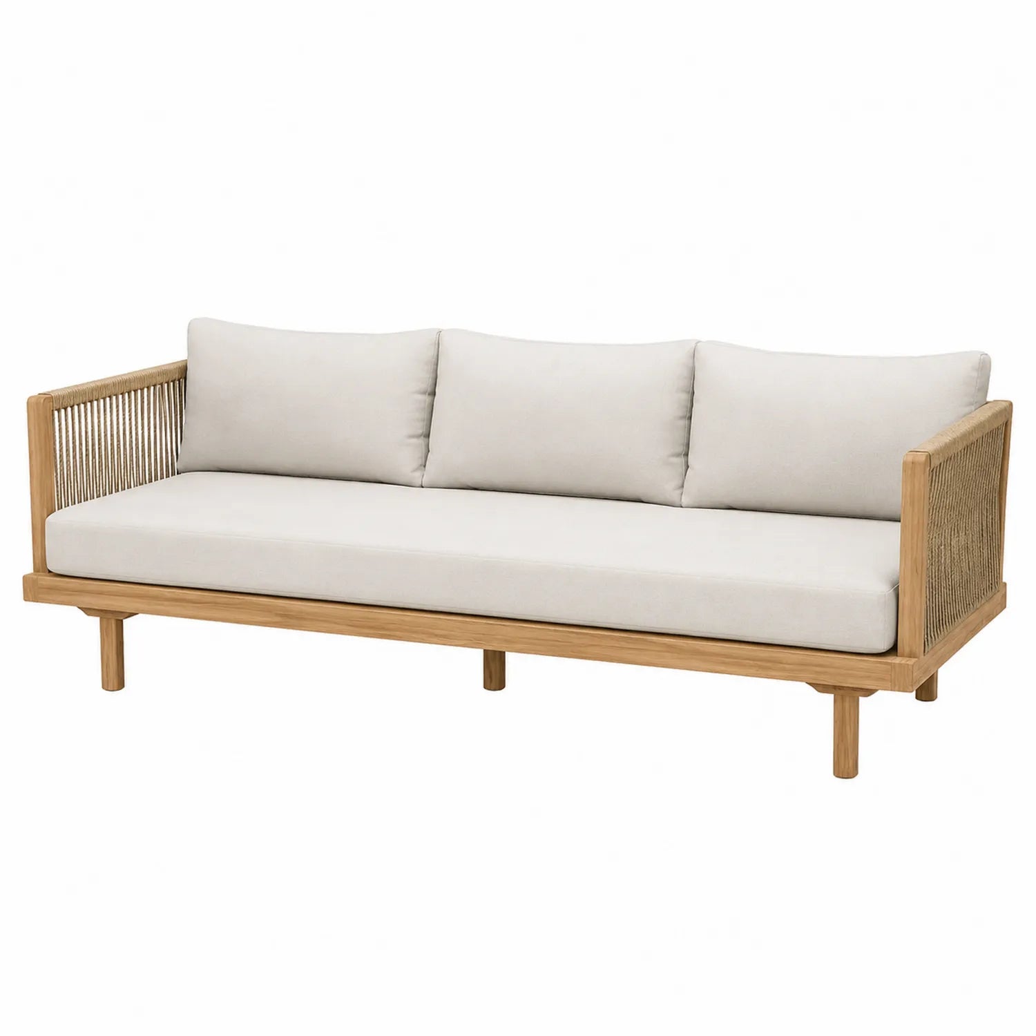 Sofá de exterior de tres plazas de madera de teca y cojines de poliéster beige
