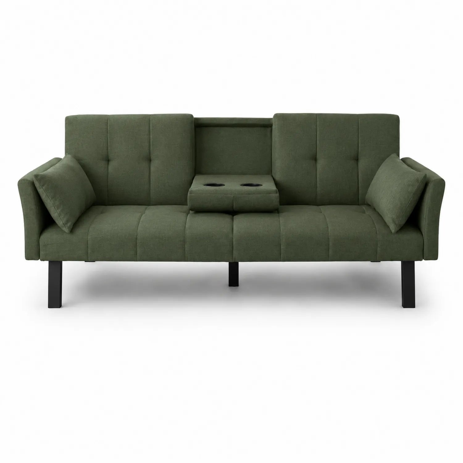 Sofá cama de lino con portavasos y reposabrazos en verde