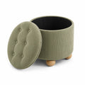 Taburete de almacenamiento de pana verde con patas de madera