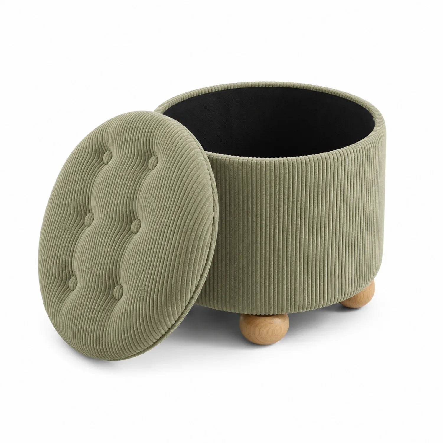 Taburete de almacenamiento de pana verde con patas de madera