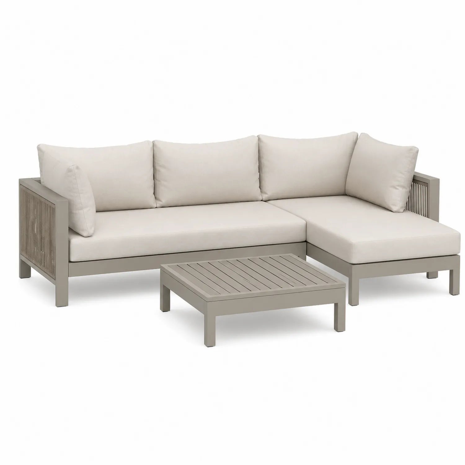 Sofá esquinero de aluminio con cojines beige para exterior