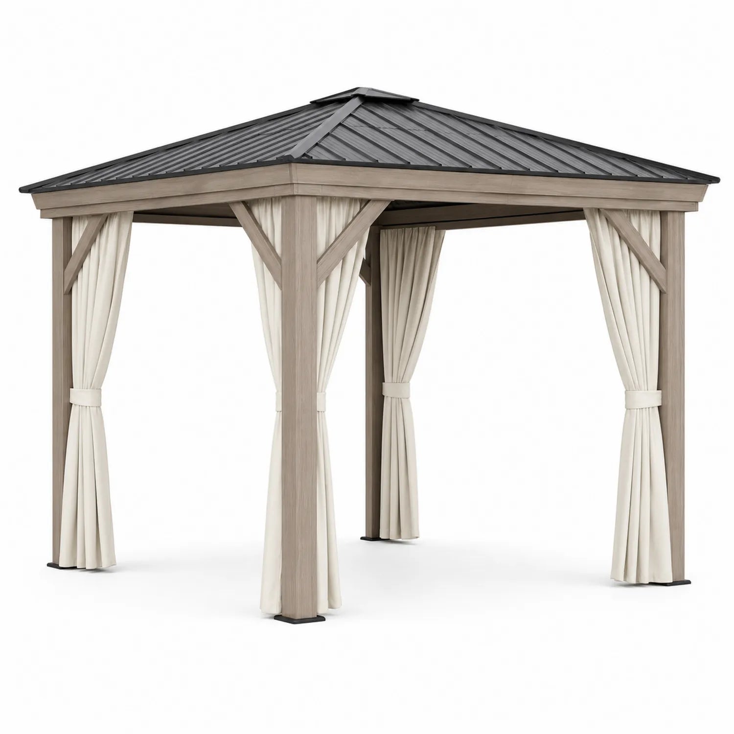 Pérgola de madera con techo de metal y cortinas de poliéster