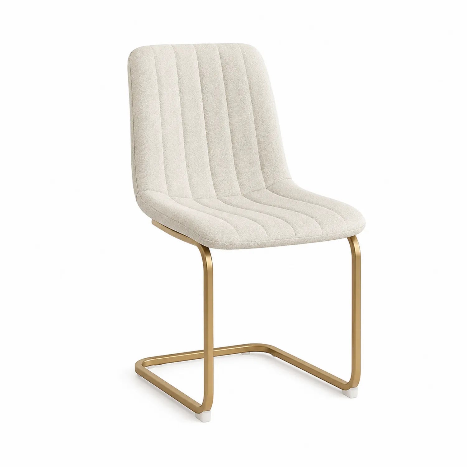 Silla de tela beige con estructura de acero dorado