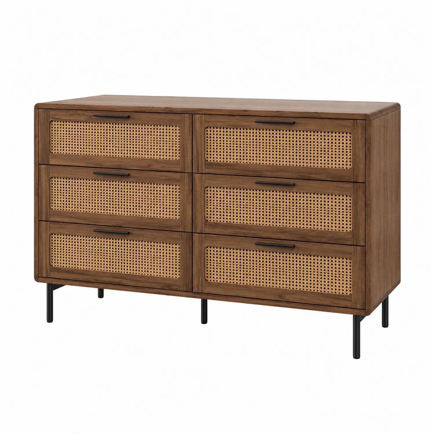 Cómoda de 6 cajones de madera y ratán, 120x40x80 cm
