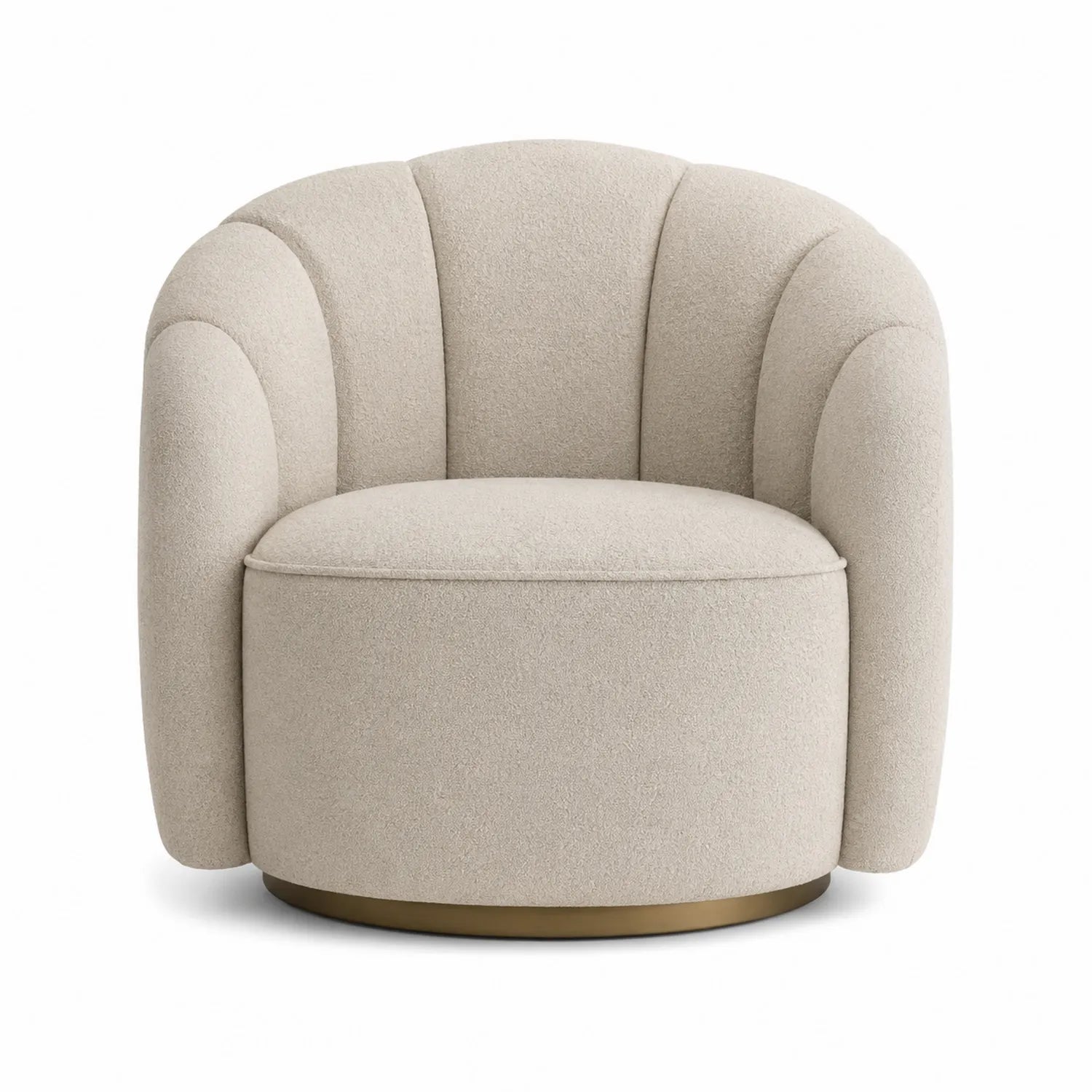 Sillón giratorio de tela poliéster beige con base metálica dorada