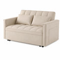 Sofá cama beige con almacenamiento y estructura de madera