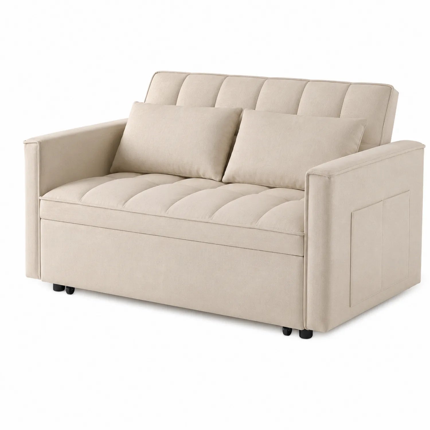 Sofá cama beige con almacenamiento y estructura de madera