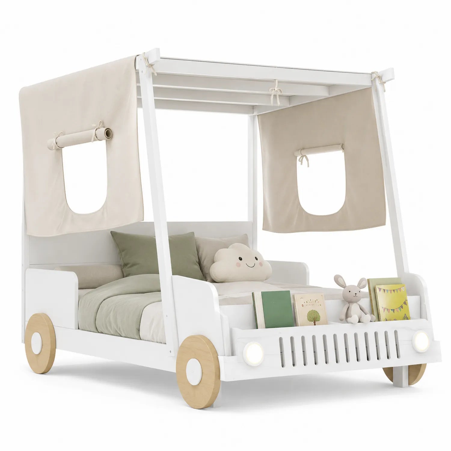 Cama infantil en forma de coche de madera blanca con detalles beige