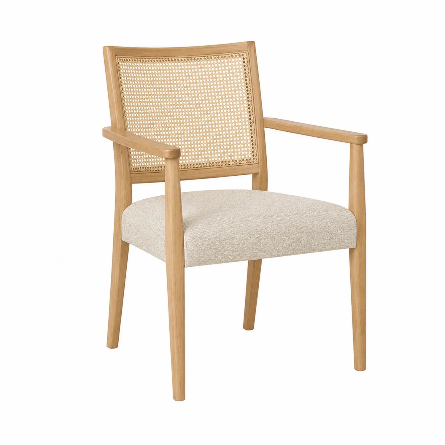 Silla de madera maciza con respaldo de ratán y asiento de lino beige