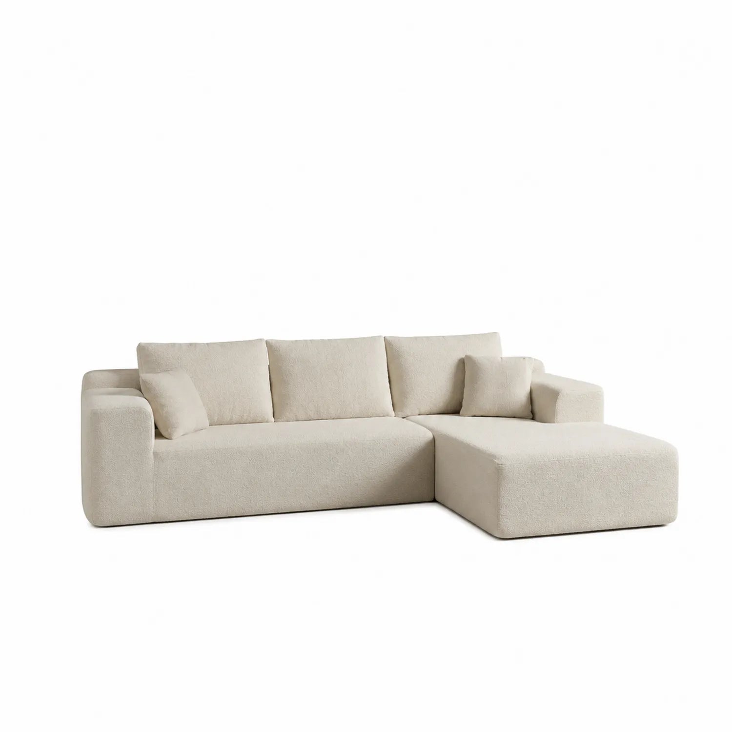 Sofá seccional en L de tela beige 300x180 cm