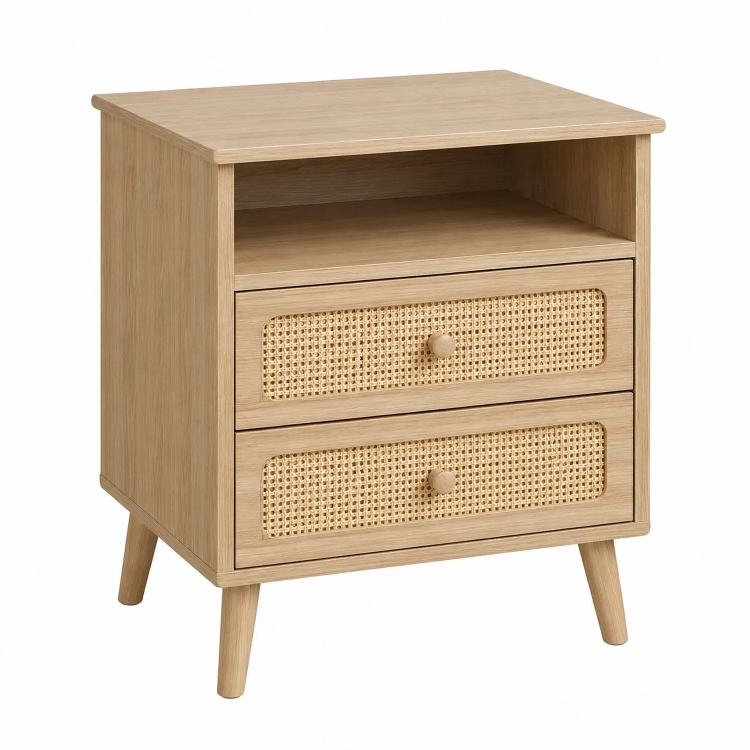 Mesita de noche de madera y ratán con 2 cajones y estante color Roble