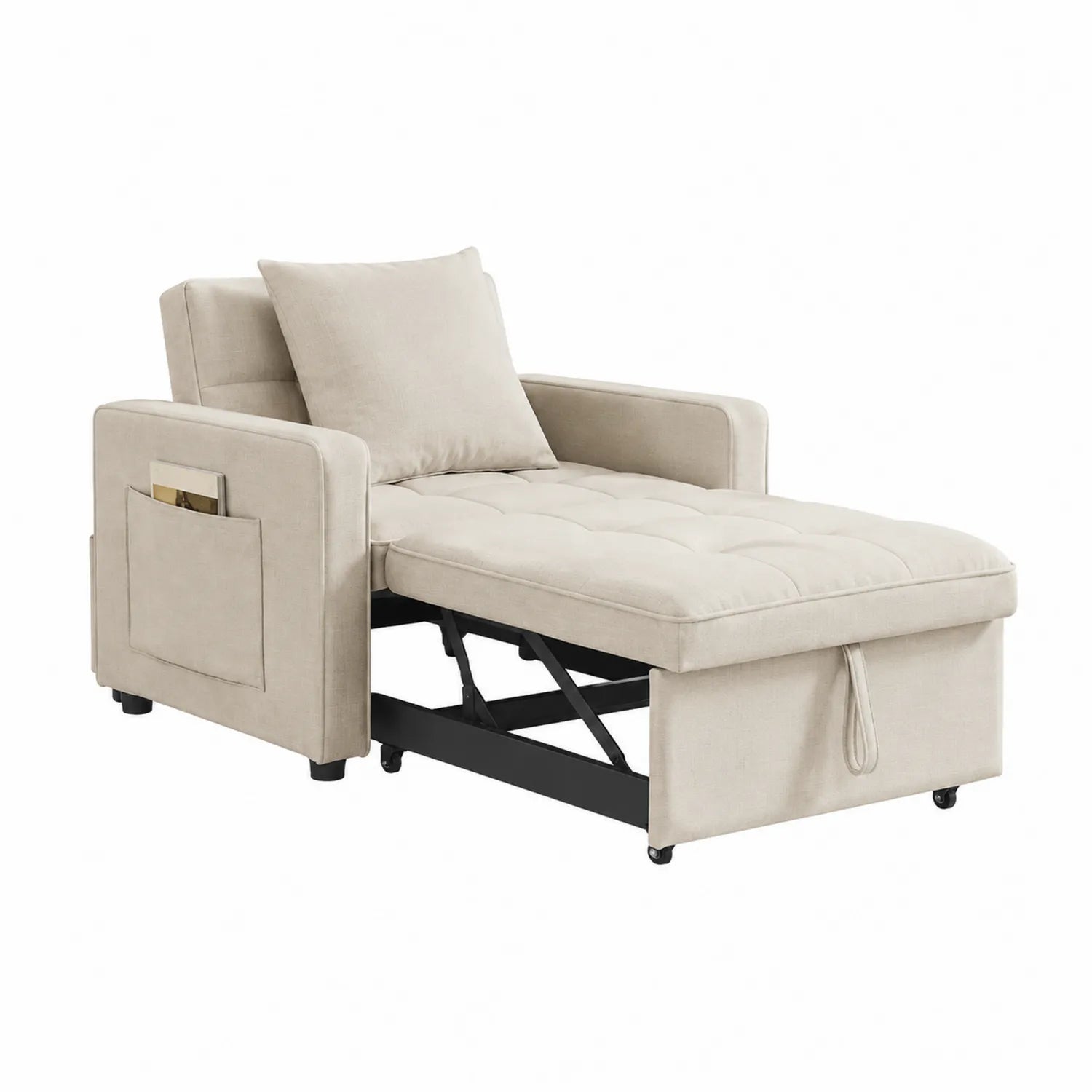 Sofá cama individual beige con estructura metálica