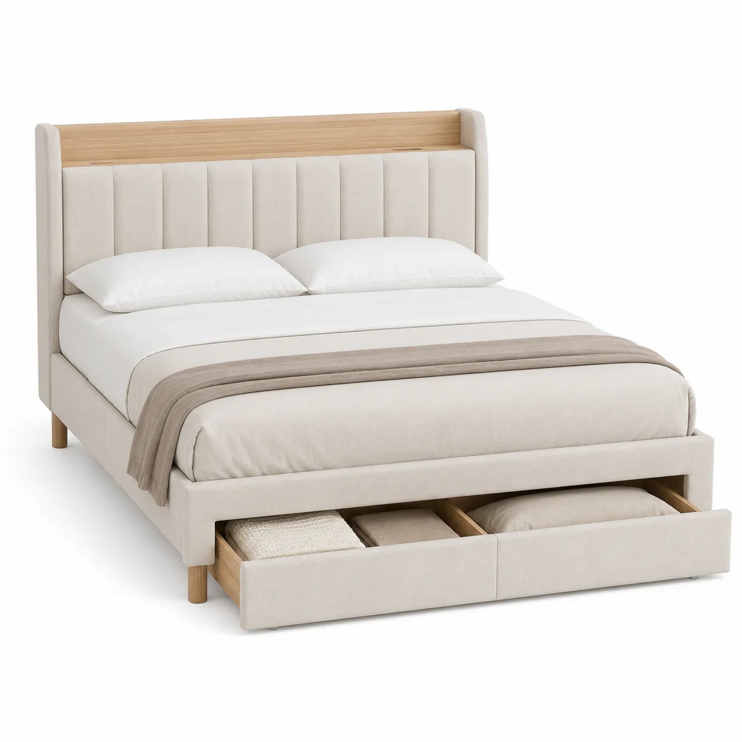 Cama doble de madera con almacenamiento y cabezal tapizado crema