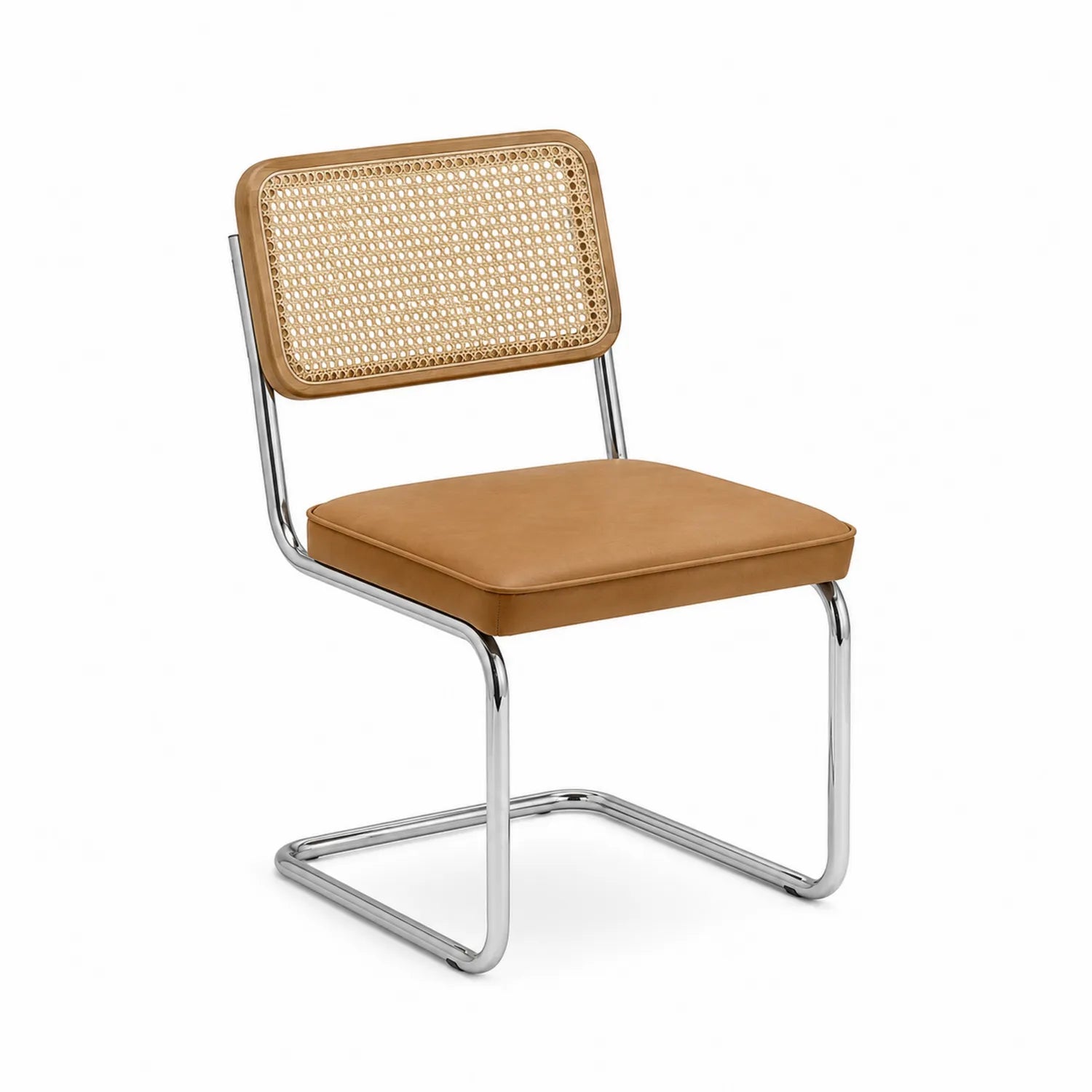 Silla de acero cromado y ratán con asiento de PU marrón