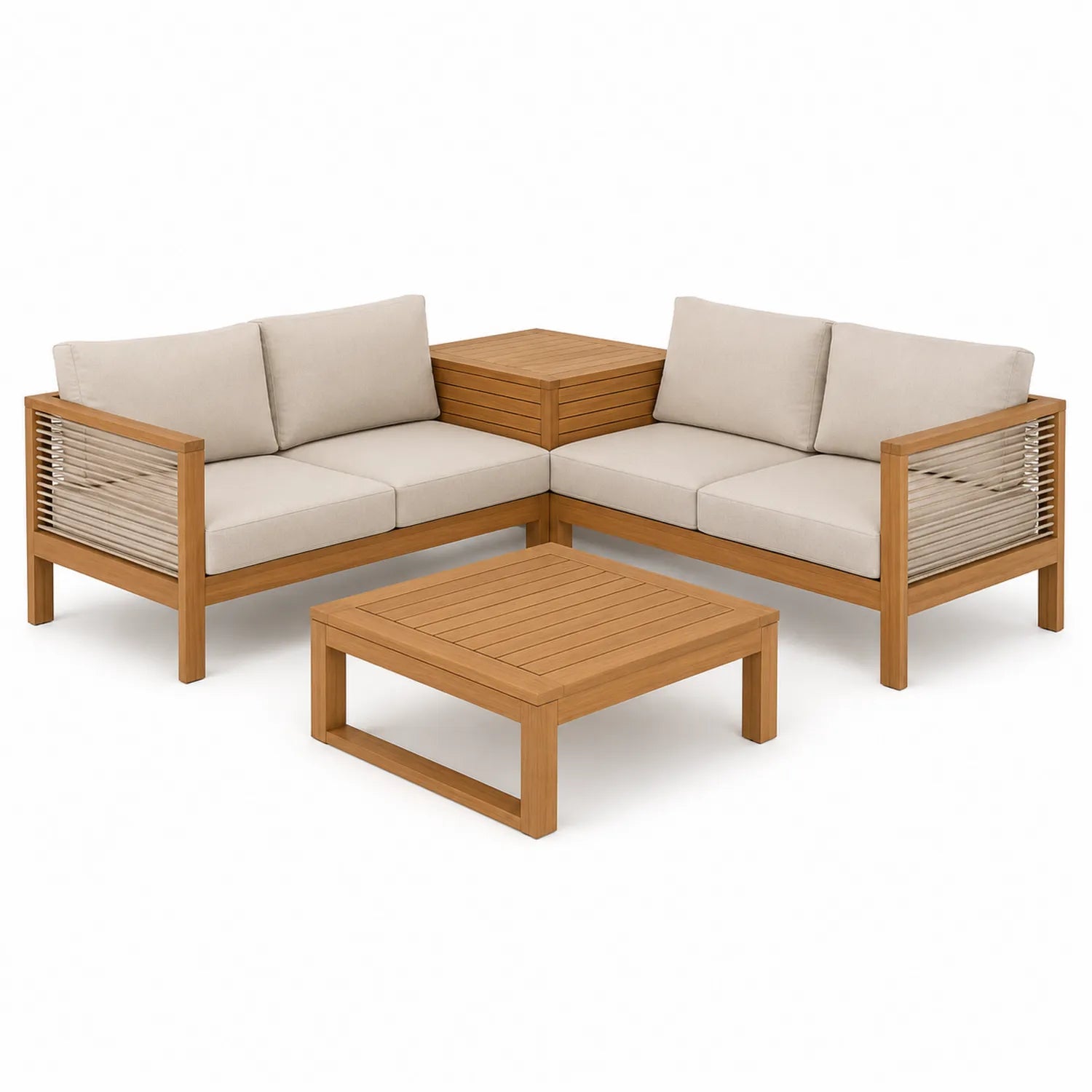 Conjunto de Sofás de Exterior en Madera de Teca con Cojines Beige