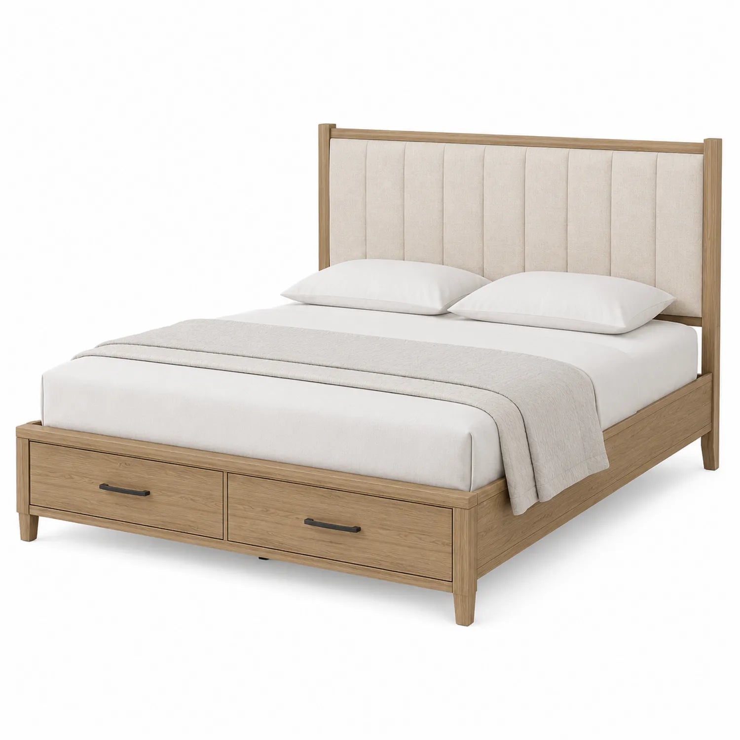 Cama de Madera con Cabecera de Lino y Cajones 200x150cm