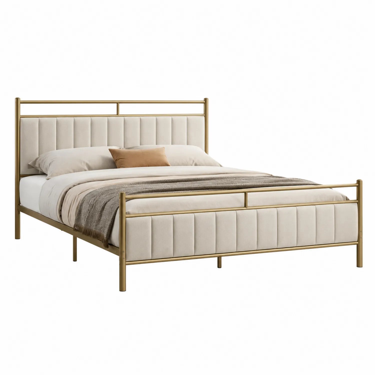 Cama de metal dorado con cabecera tapizada en tela de poliéster beige 160x200 cm