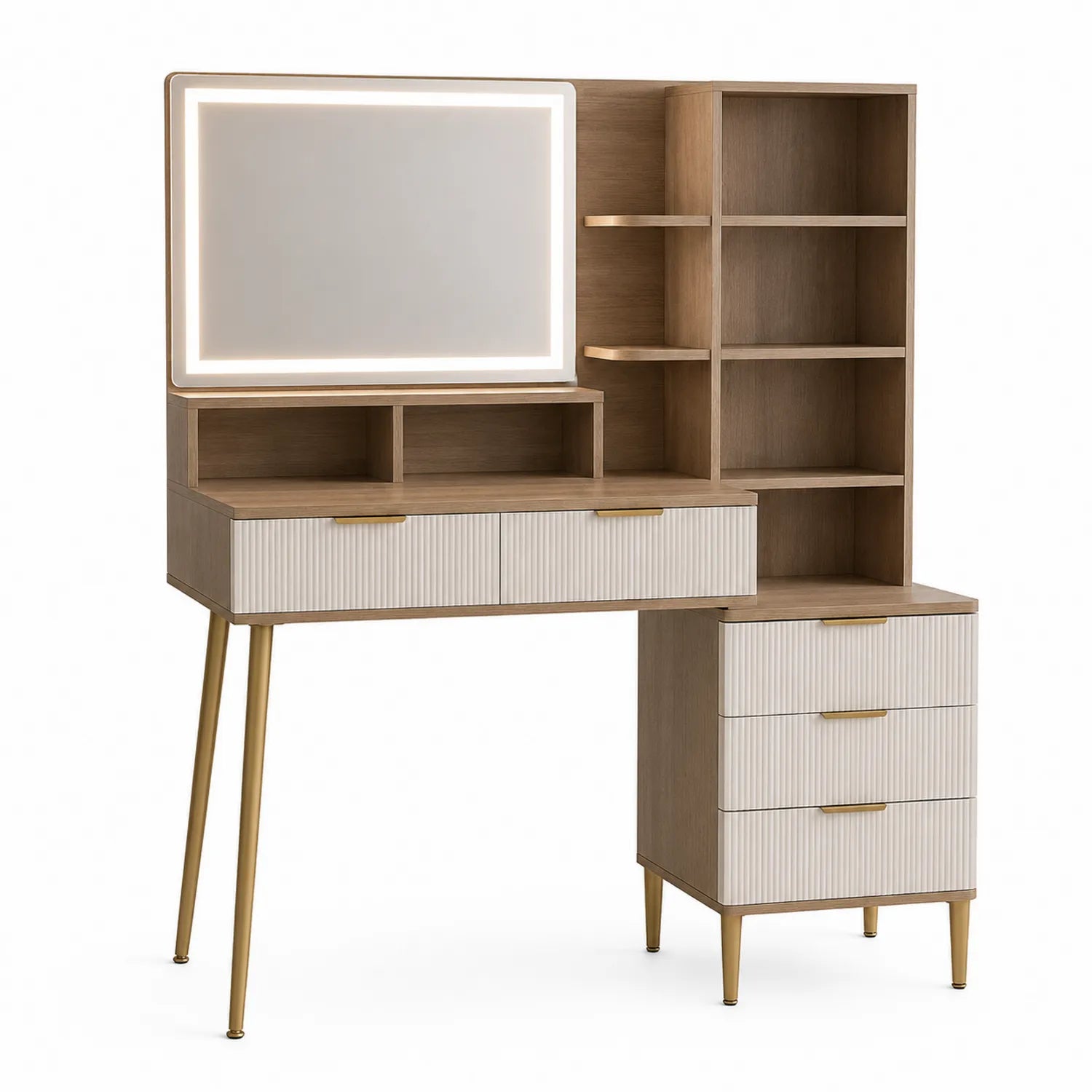 Tocador de Madera con Espejo y Estantes, Roble Claro y Dorado