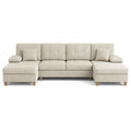 Sofá seccional rinconero en pana beige con estructura y patas de madera 280cm