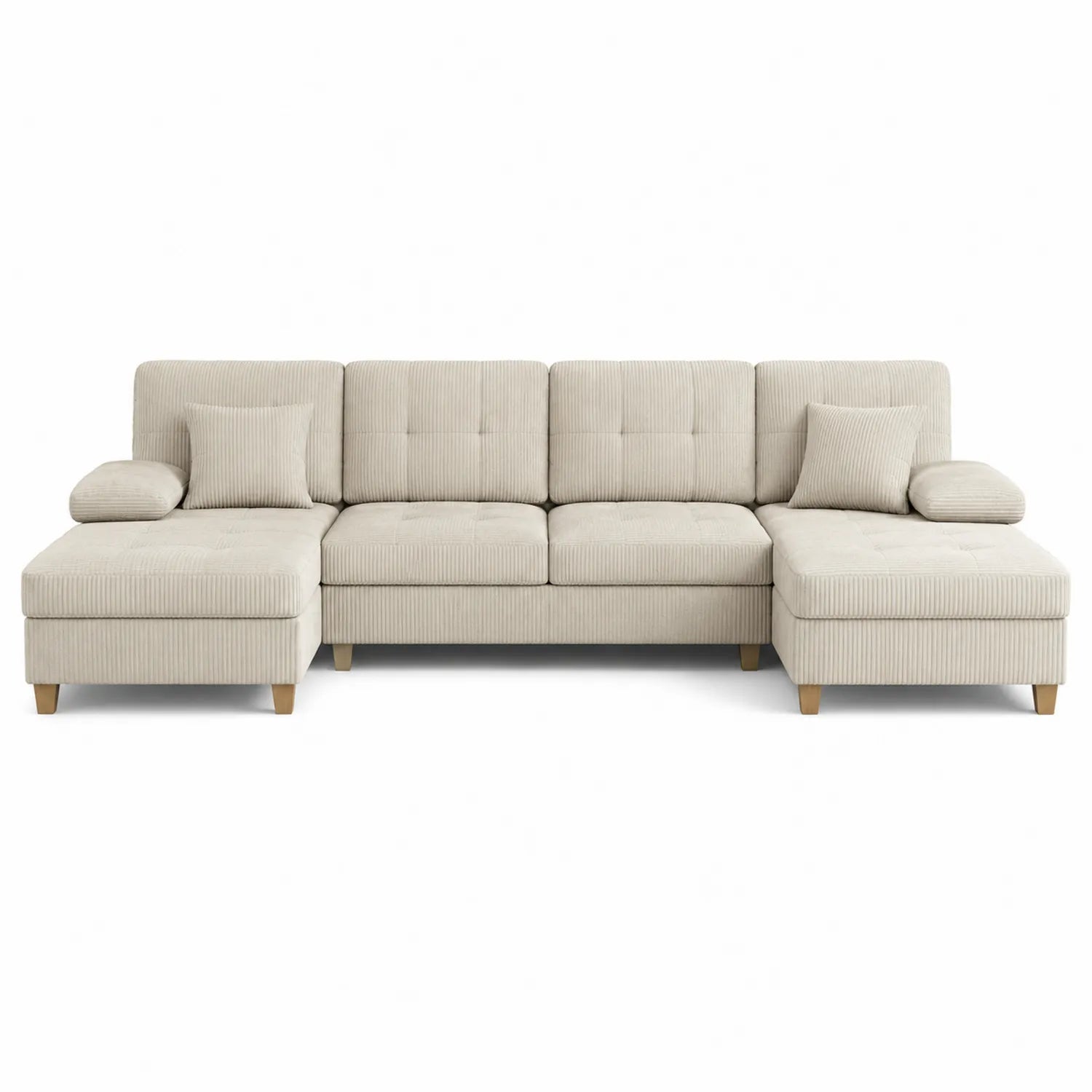 Sofá seccional rinconero en pana beige con estructura y patas de madera 280cm