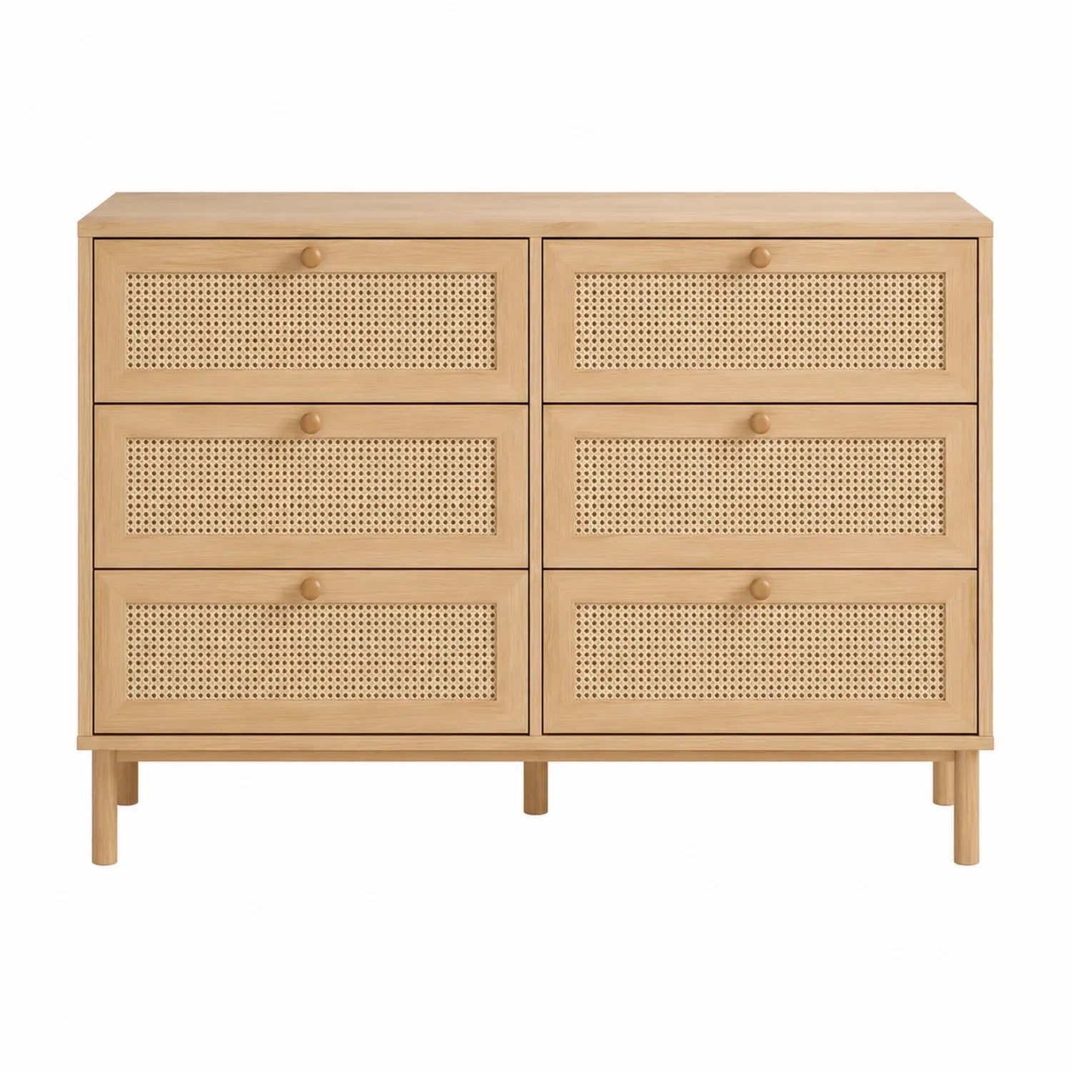 Cómoda de madera y caña con seis cajones, 120x40x90 cm, Beige