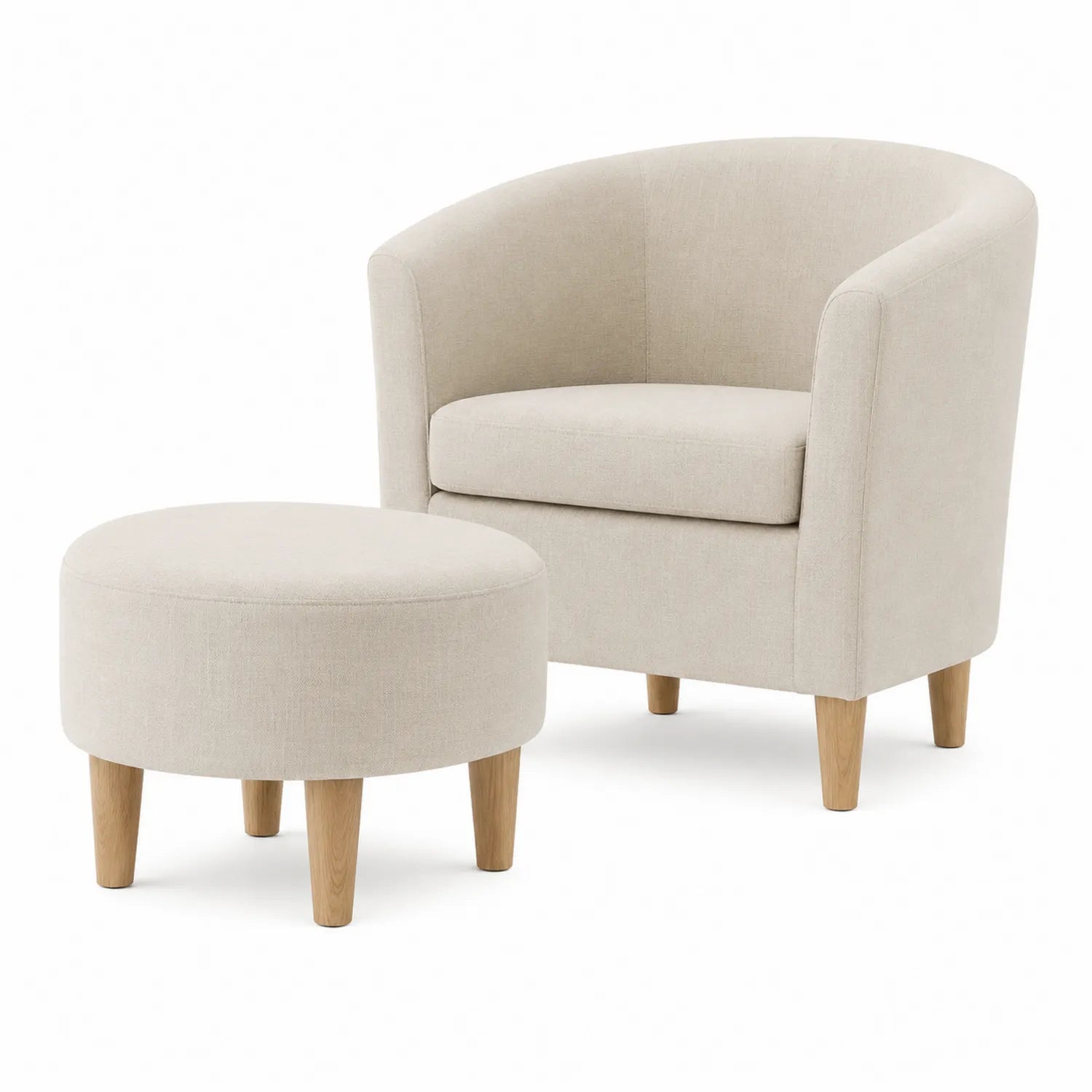 Conjunto de Sillón y Reposapiés de Lino Beige con Patas de Madera