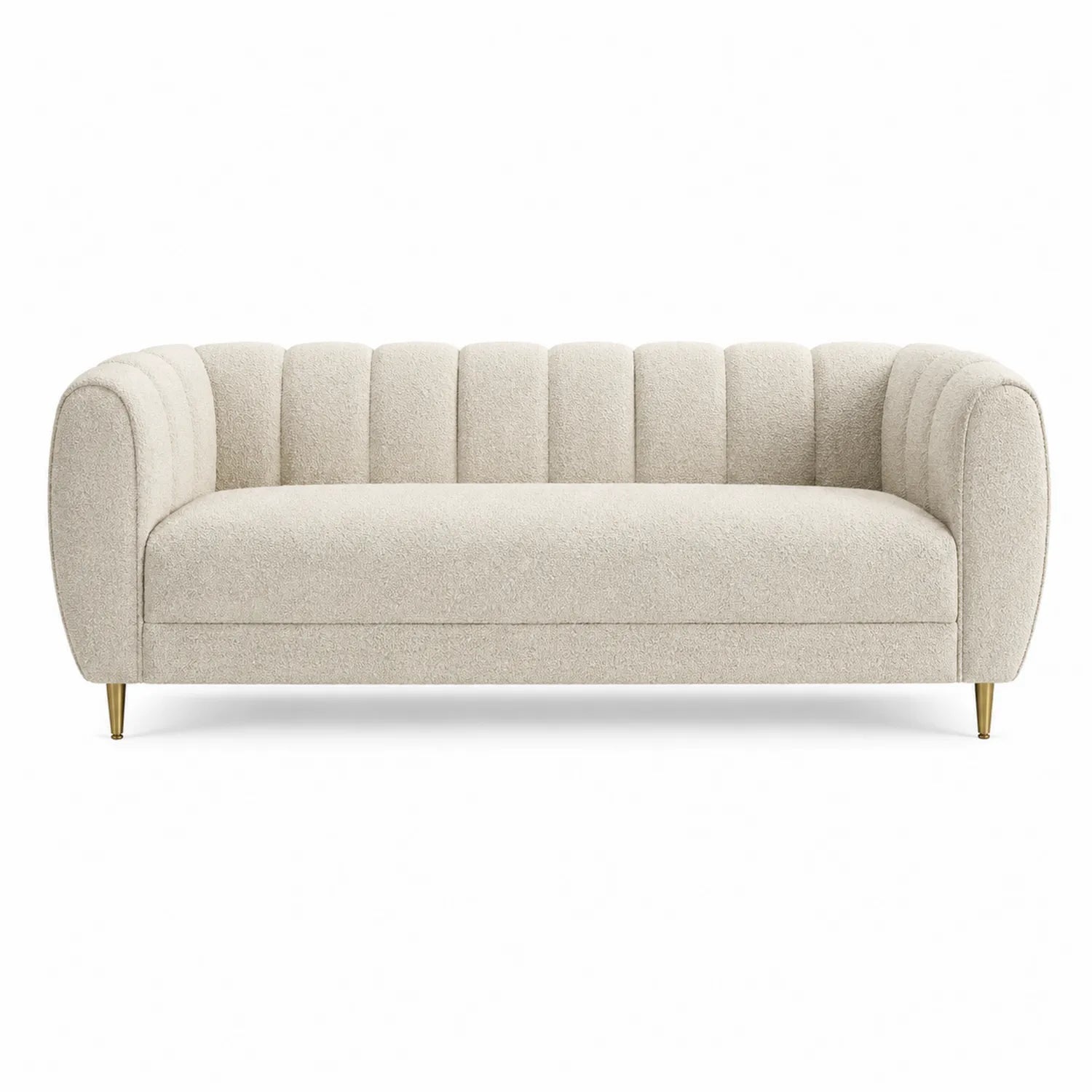 Sofá de tres plazas en tela bouclé beige con patas de metal dorado