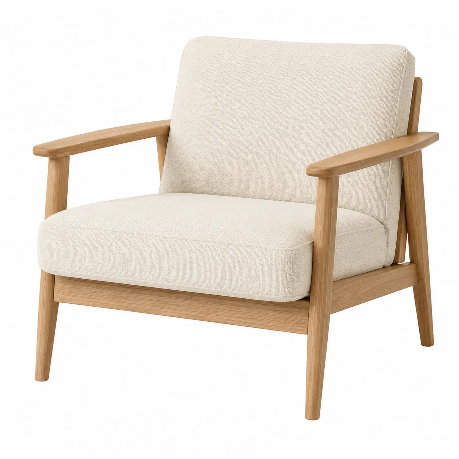 Sillón con estructura de madera y tapizado de tela crema