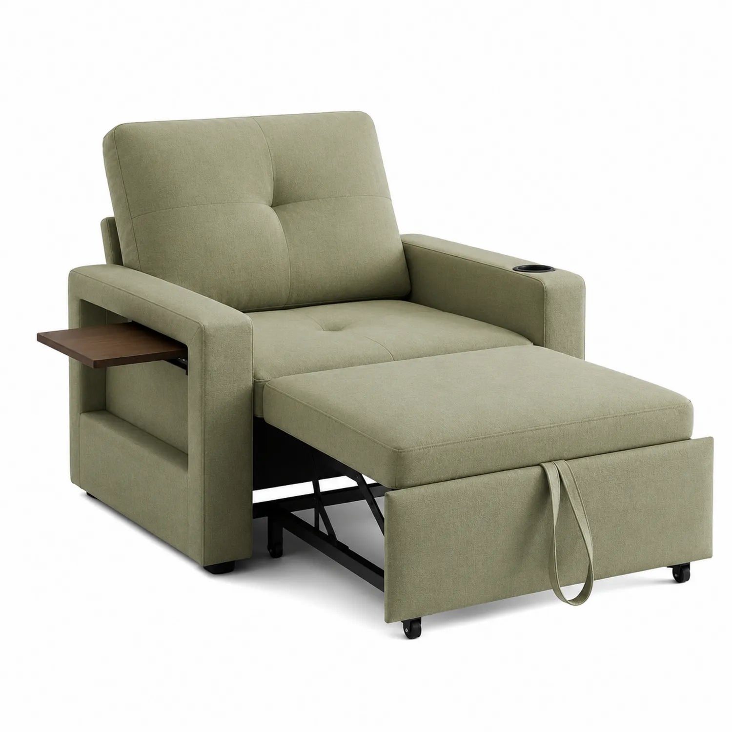 Sofá cama individual de poliéster verde con mesa auxiliar
