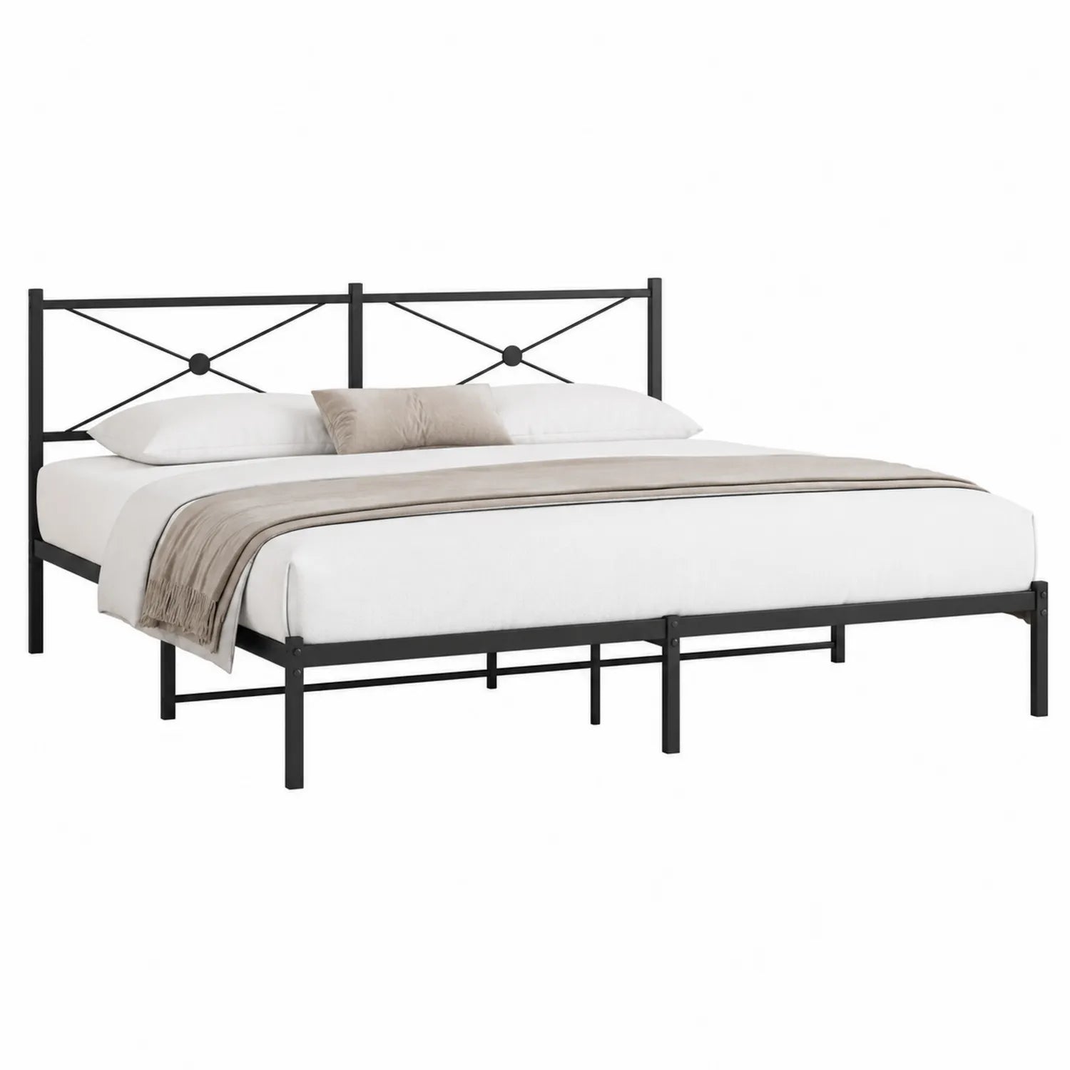 Cama de metal negro matrimonial con cabecero decorativo
