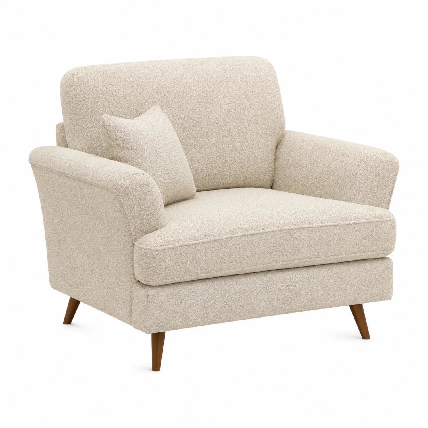 Sofá individual de tela bouclé beige con cojín y patas de madera