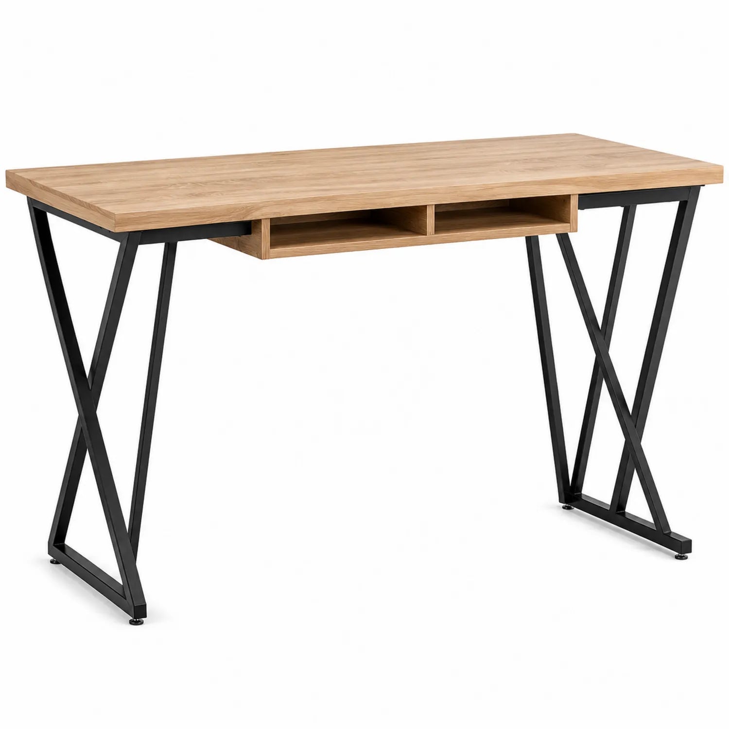 Escritorio de madera con patas de metal negro