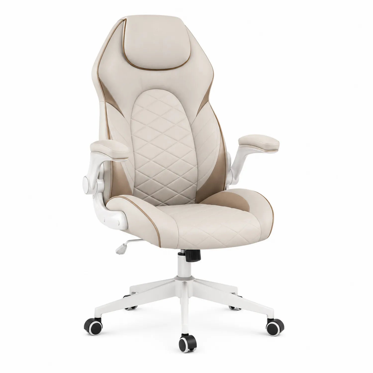 Silla de oficina ergonómica de cuero sintético beige y marrón con altura ajustable y ruedas