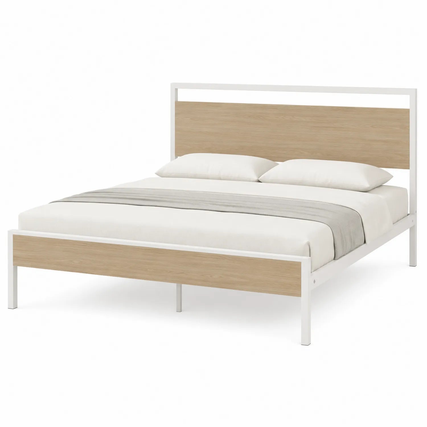 Cama de Metal con Cabecera de Madera 200x150 cm Blanco/Roble