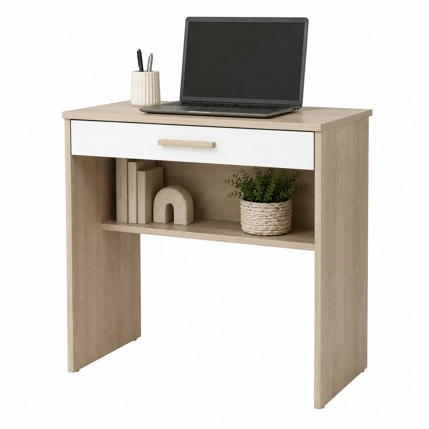 Escritorio de aglomerado con cajón beige y blanco