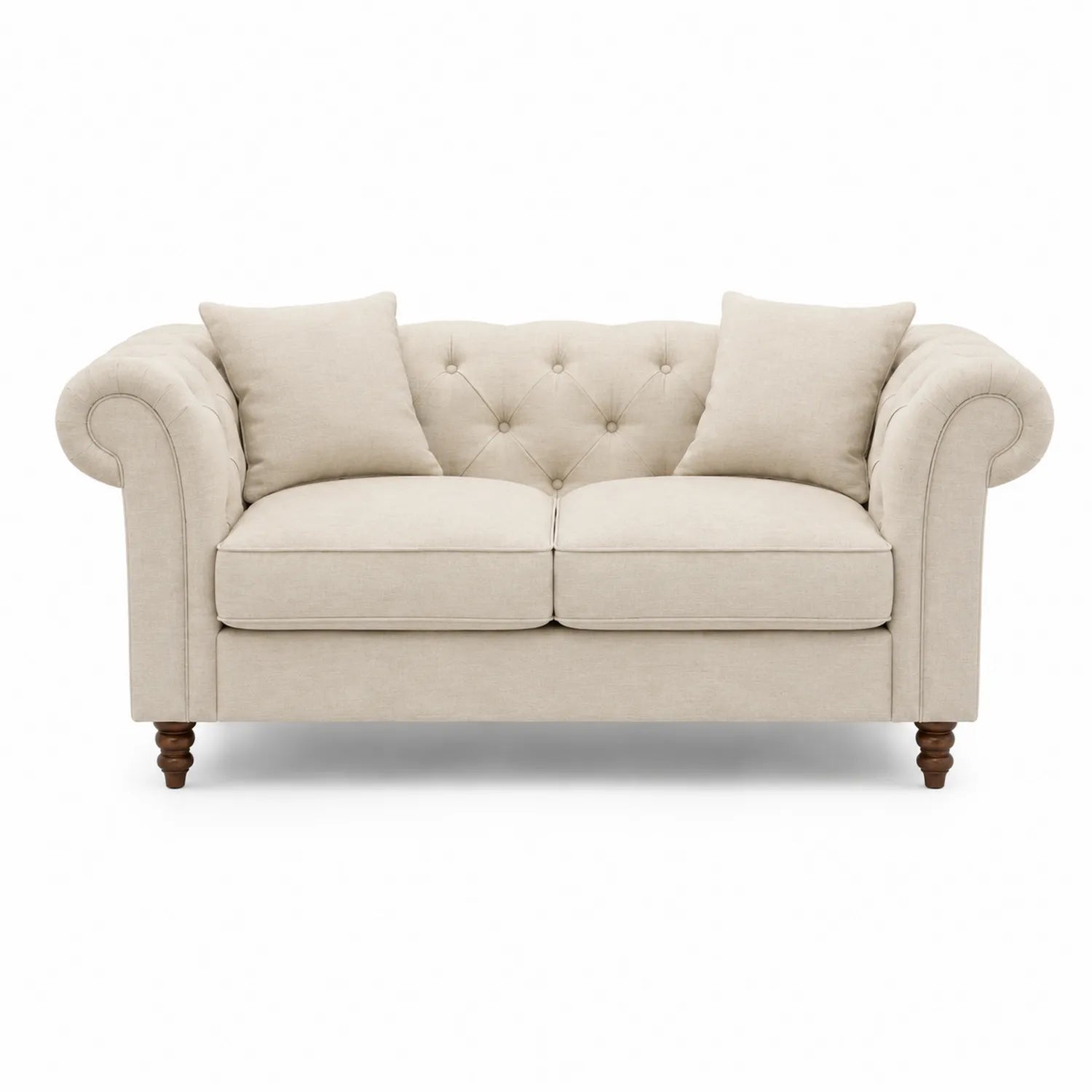 Sofá de Lino Beige con Brazos Enrollados y Cojines Decorativos 150cm