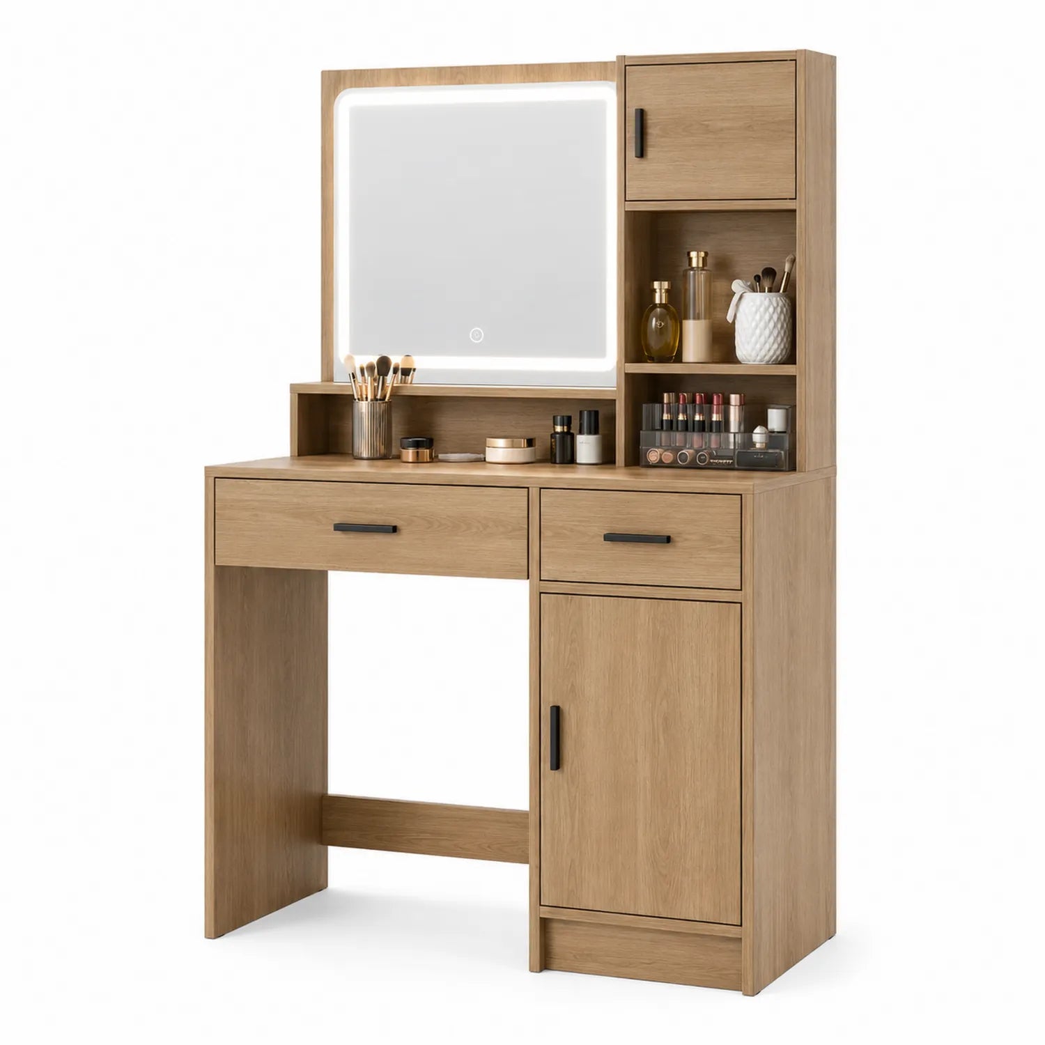 Tocador de madera con espejo LED y almacenamiento