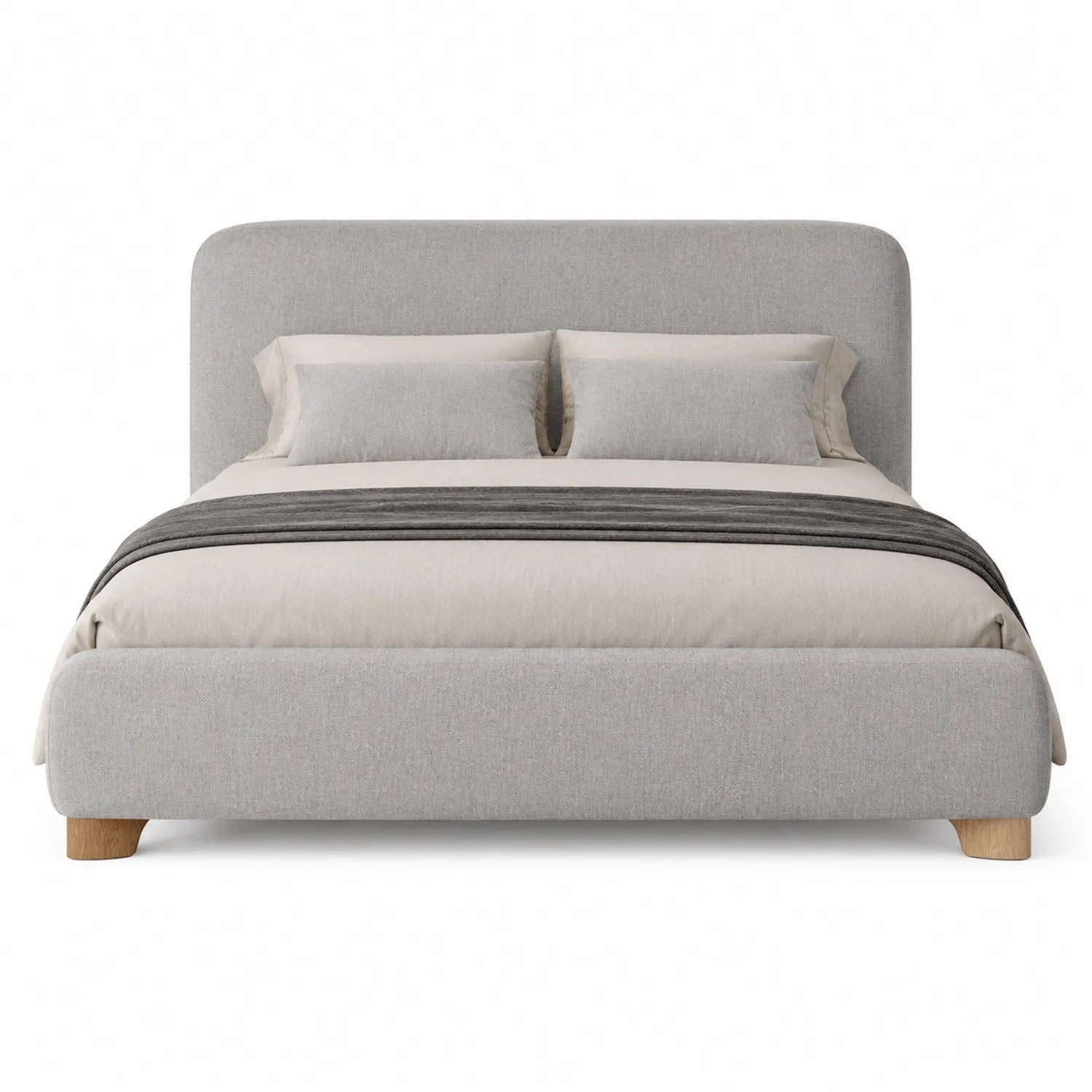 Cama tapizada de tela gris con base de madera, 200 cm x 160 cm