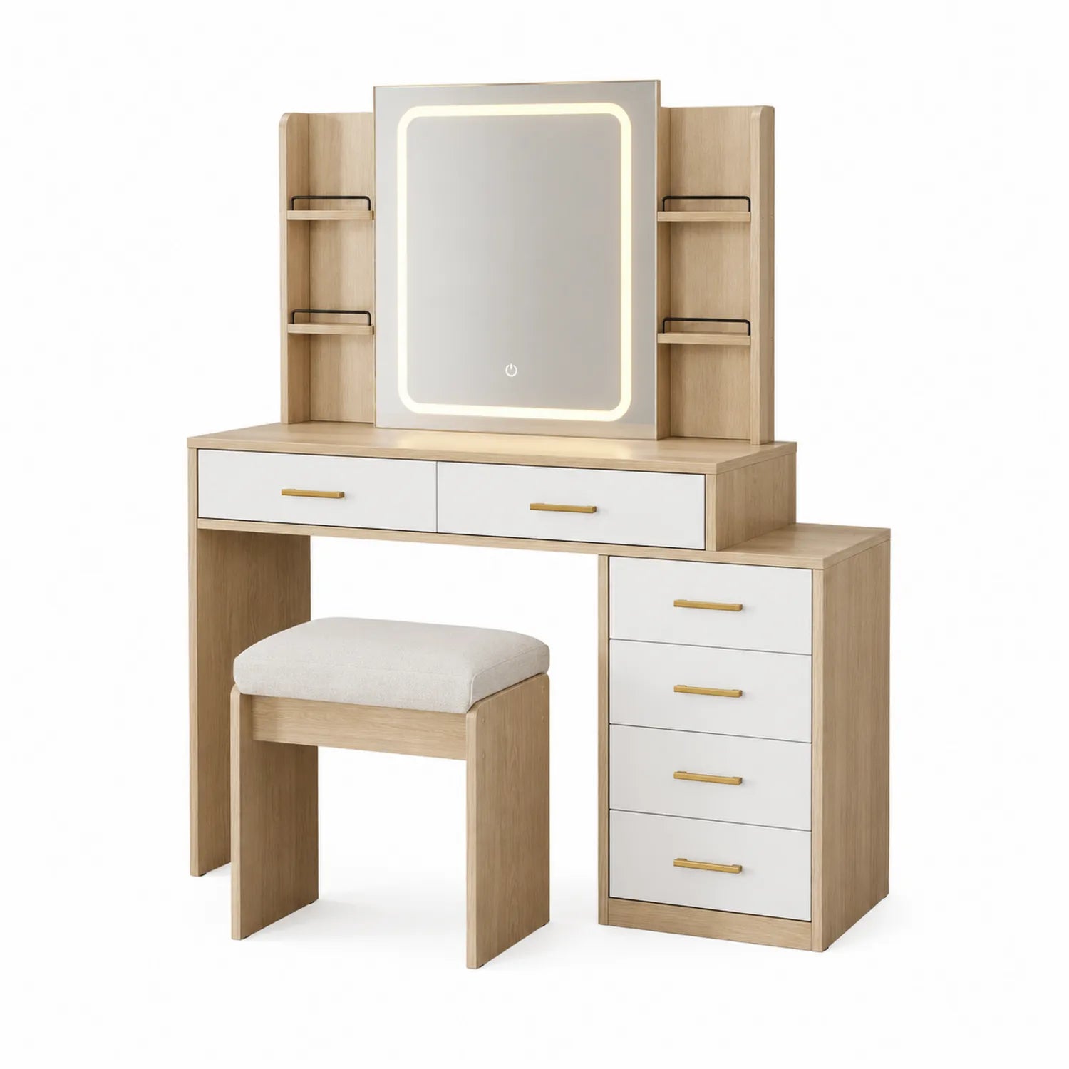 Tocador de Madera de Roble con Espejo LED y Taburete
